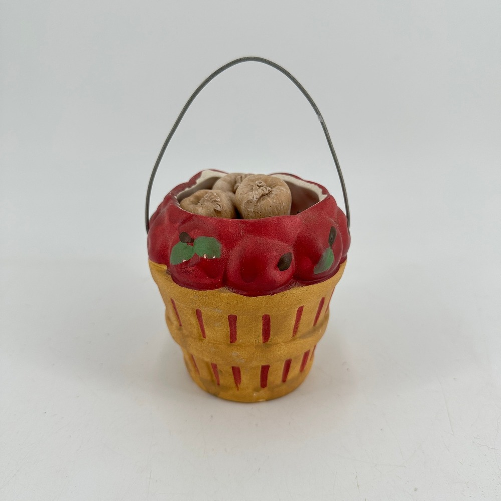 Vintage Ceramic Apple Bushel Basket Figurine Red Yellow Farmhouse Decor Small